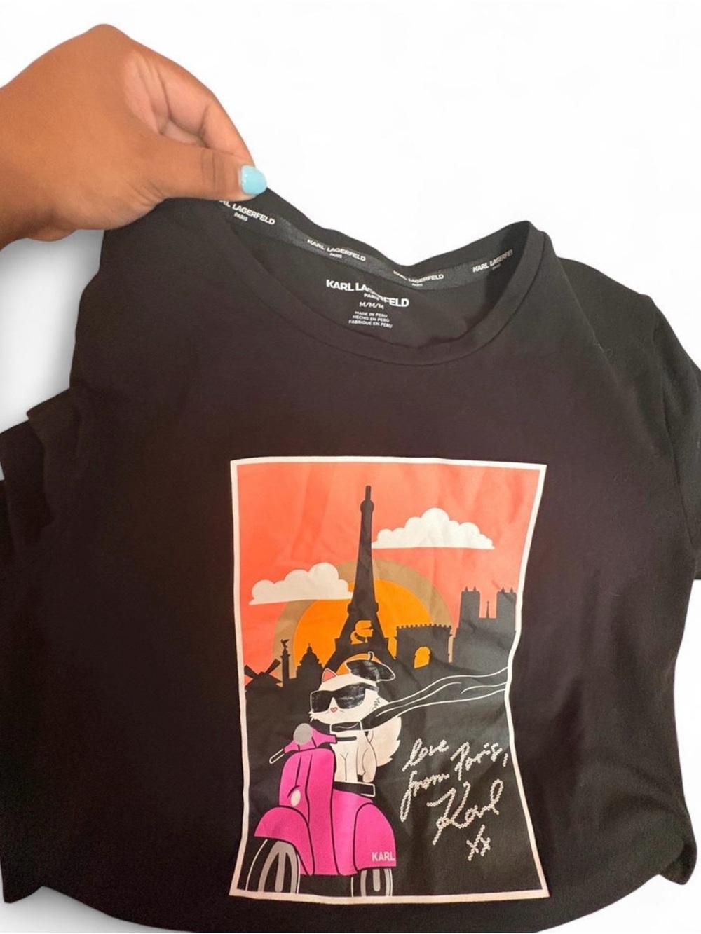 Karl Lagerfeld Black Graphic Tee with Pink Scooter and Orange Sunset